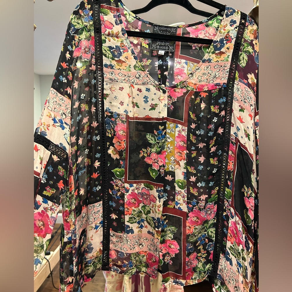 Johnny Was Sz Lg Floral Patchwork Sheer Kimono